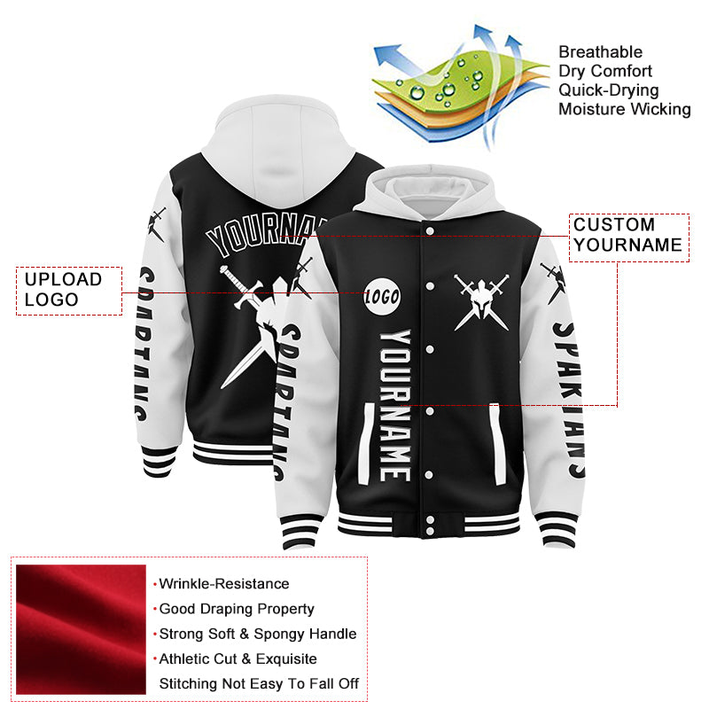 Custom Black White Spartan Armor Sword Bomber Full-Snap Varsity Letterman Two Tone Hoodie Jacket