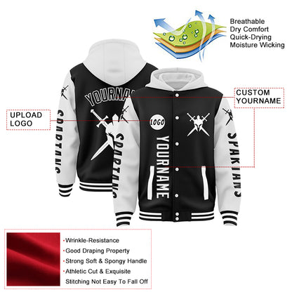 Custom Black White Spartan Armor Sword Bomber Full-Snap Varsity Letterman Two Tone Hoodie Jacket