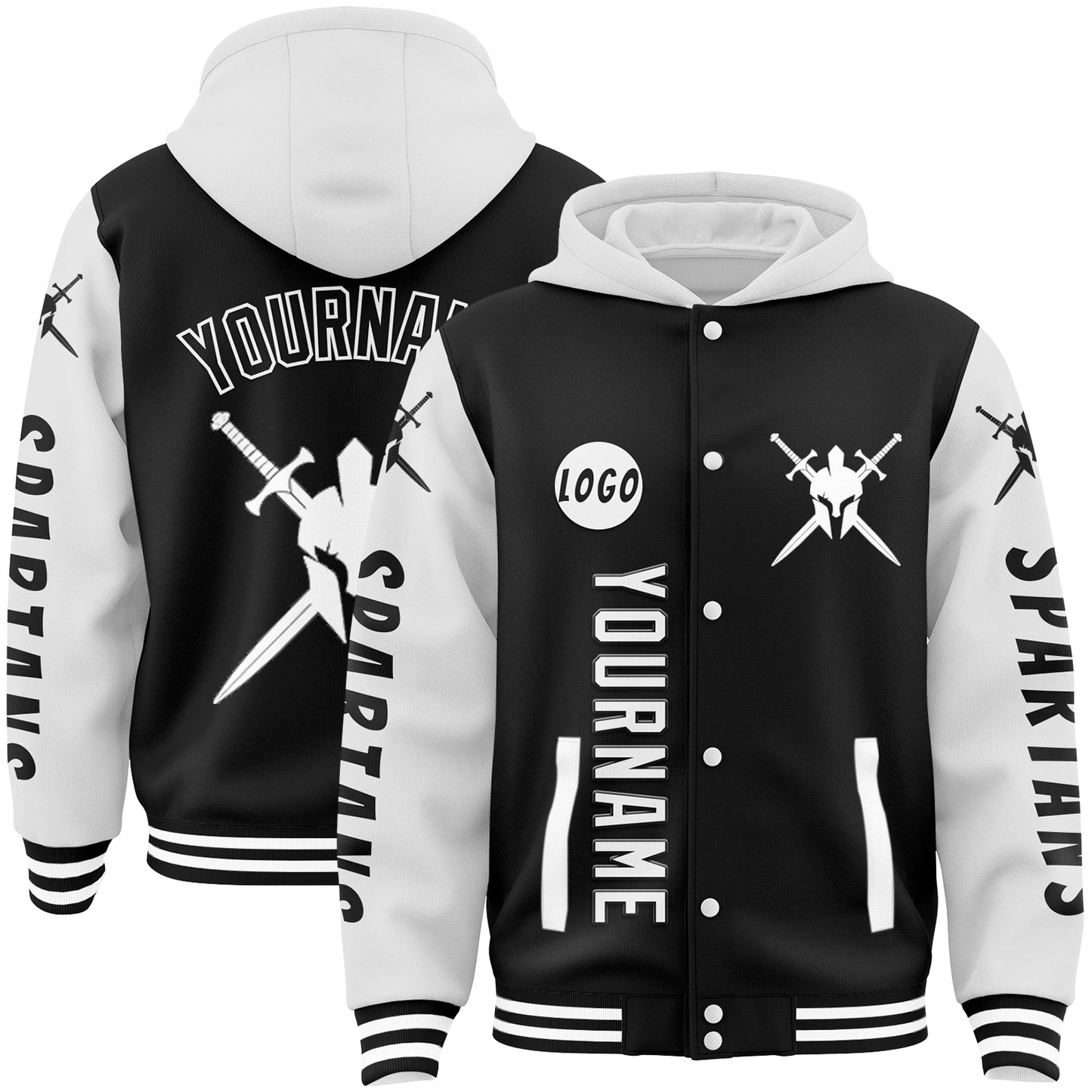 Custom Black White Spartan Armor Sword Bomber Full-Snap Varsity Letterman Two Tone Hoodie Jacket