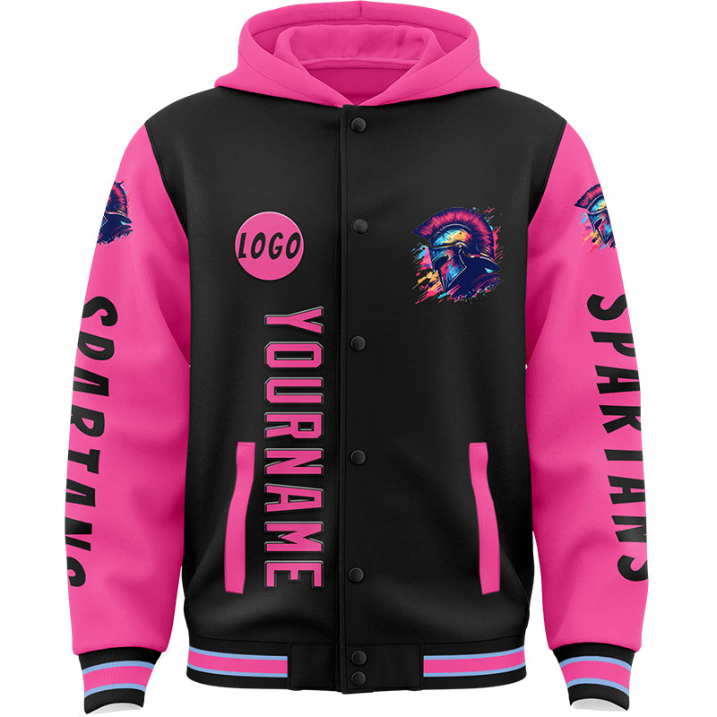 Custom Black Pink Spartan Tie-Dye Armor Bomber Full-Snap Varsity Letterman Two Tone Hoodie Jacket