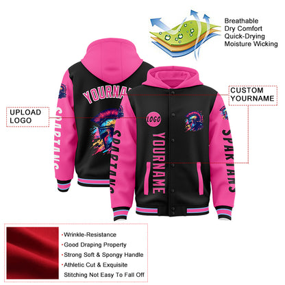 Custom Black Pink Spartan Tie-Dye Armor Bomber Full-Snap Varsity Letterman Two Tone Hoodie Jacket