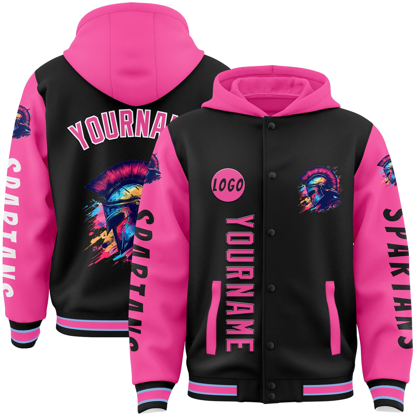 Custom Black Pink Spartan Tie-Dye Armor Bomber Full-Snap Varsity Letterman Two Tone Hoodie Jacket