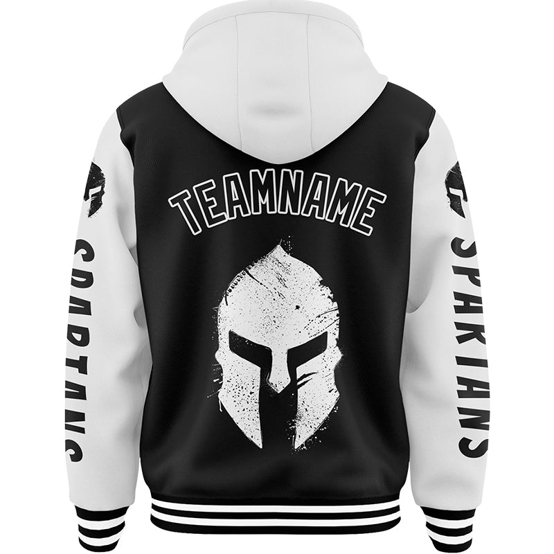 Custom Black White Spartan Helmet Bomber Full-Snap Varsity Letterman Two Tone Hoodie Jacket