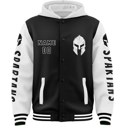 Custom Black White Spartan Helmet Bomber Full-Snap Varsity Letterman Two Tone Hoodie Jacket