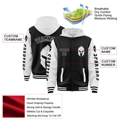 Custom Black White Spartan Helmet Bomber Full-Snap Varsity Letterman Two Tone Hoodie Jacket