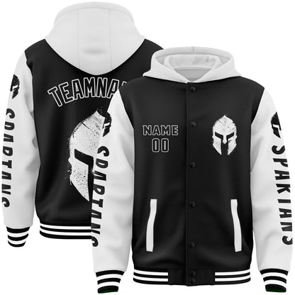 Custom Black White Spartan Helmet Bomber Full-Snap Varsity Letterman Two Tone Hoodie Jacket