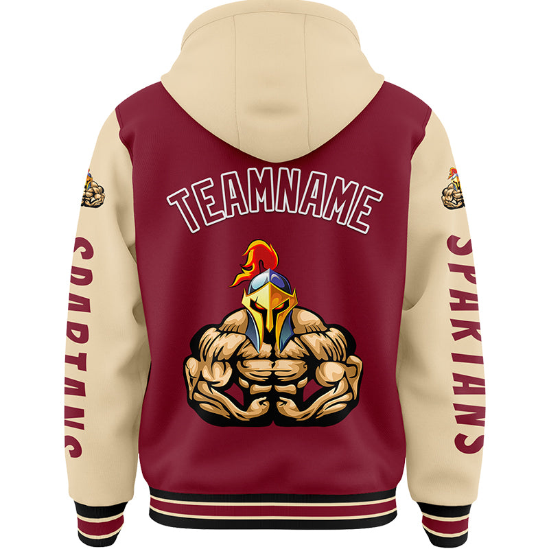 Custom Crimson City Cream Spartan Fitness Muscle Bomber Full-Snap Varsity Letterman Two Tone Hoodie Jacket