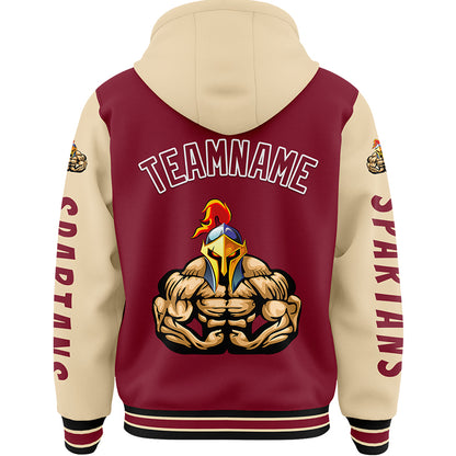 Custom Crimson City Cream Spartan Fitness Muscle Bomber Full-Snap Varsity Letterman Two Tone Hoodie Jacket