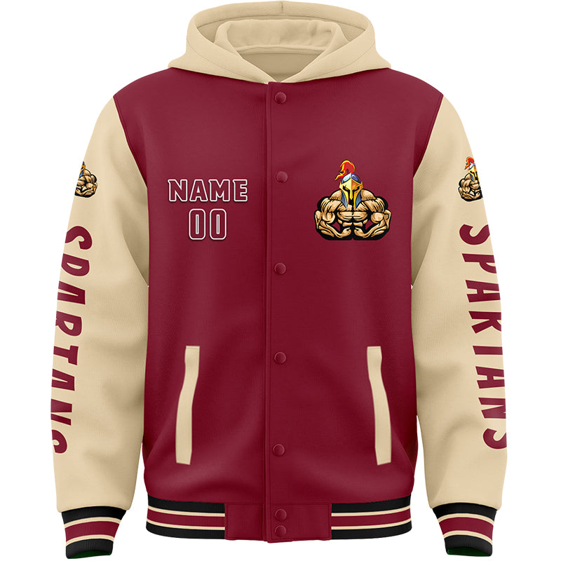 Custom Crimson City Cream Spartan Fitness Muscle Bomber Full-Snap Varsity Letterman Two Tone Hoodie Jacket