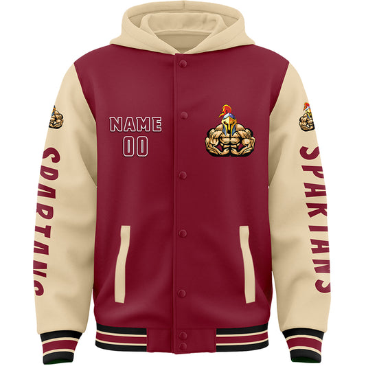 Custom Crimson City Cream Spartan Fitness Muscle Bomber Full-Snap Varsity Letterman Two Tone Hoodie Jacket