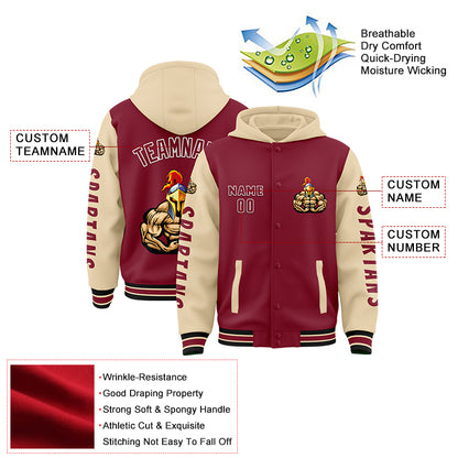 Custom Crimson City Cream Spartan Fitness Muscle Bomber Full-Snap Varsity Letterman Two Tone Hoodie Jacket