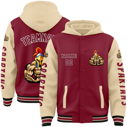 Custom Crimson City Cream Spartan Fitness Muscle Bomber Full-Snap Varsity Letterman Two Tone Hoodie Jacket