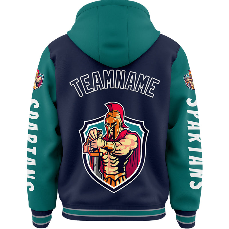 Custom Navy Teal Spartan Braves Warrior Bomber Full-Snap Varsity Letterman Two Tone Hoodie Jacket