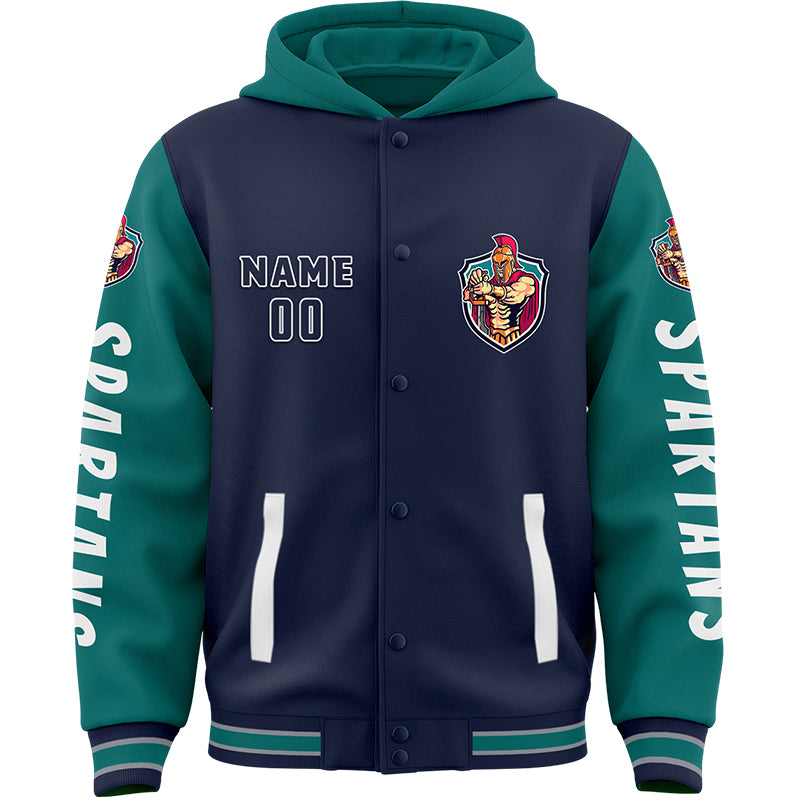 Custom Navy Teal Spartan Braves Warrior Bomber Full-Snap Varsity Letterman Two Tone Hoodie Jacket