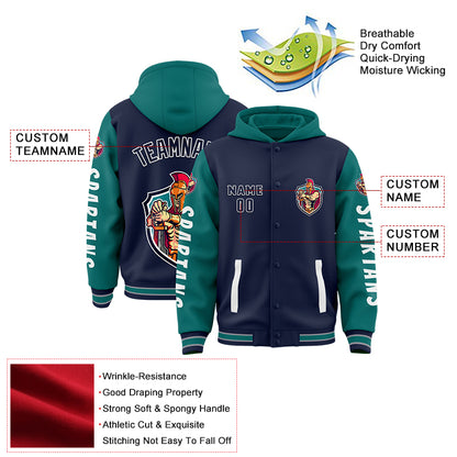 Custom Navy Teal Spartan Braves Warrior Bomber Full-Snap Varsity Letterman Two Tone Hoodie Jacket