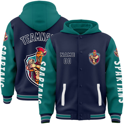 Custom Navy Teal Spartan Braves Warrior Bomber Full-Snap Varsity Letterman Two Tone Hoodie Jacket