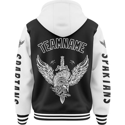 Custom Black White Spartan Armor Sword Bomber Full-Snap Varsity Letterman Two Tone Hoodie Jacket