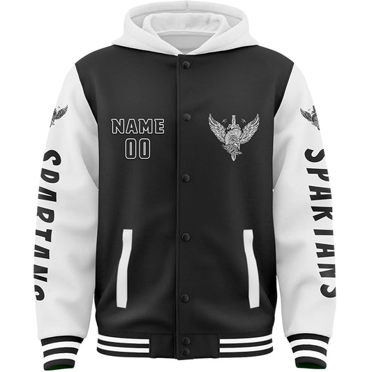 Custom Black White Spartan Armor Sword Bomber Full-Snap Varsity Letterman Two Tone Hoodie Jacket