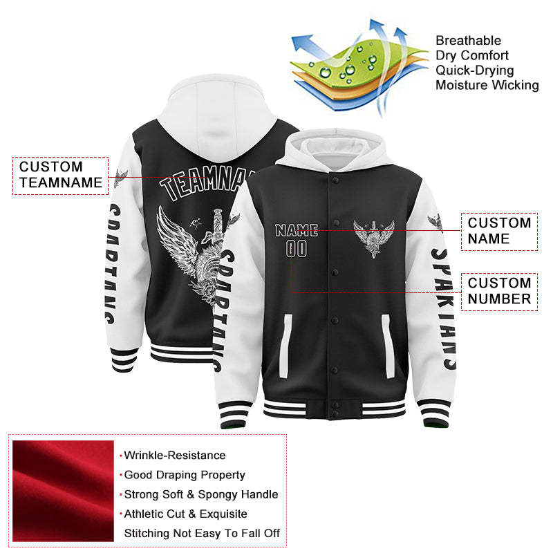 Custom Black White Spartan Armor Sword Bomber Full-Snap Varsity Letterman Two Tone Hoodie Jacket