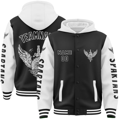 Custom Black White Spartan Armor Sword Bomber Full-Snap Varsity Letterman Two Tone Hoodie Jacket