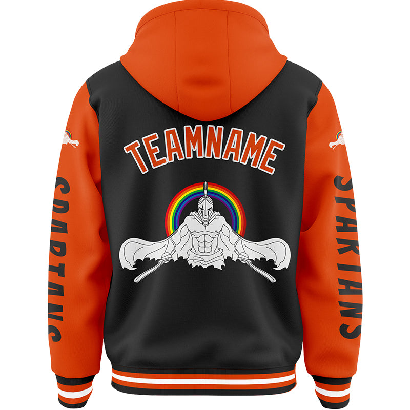 Custom Black Orange Spartan Warrior Muscle Bomber Full-Snap Varsity Letterman Two Tone Hoodie Jacket