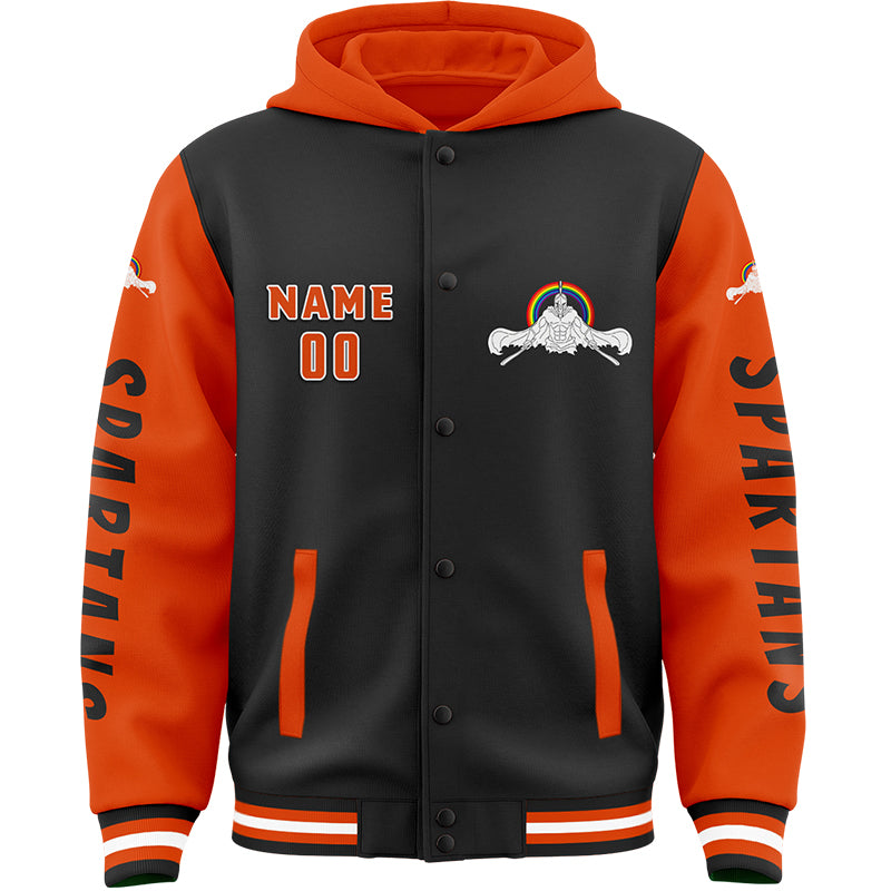 Custom Black Orange Spartan Warrior Muscle Bomber Full-Snap Varsity Letterman Two Tone Hoodie Jacket