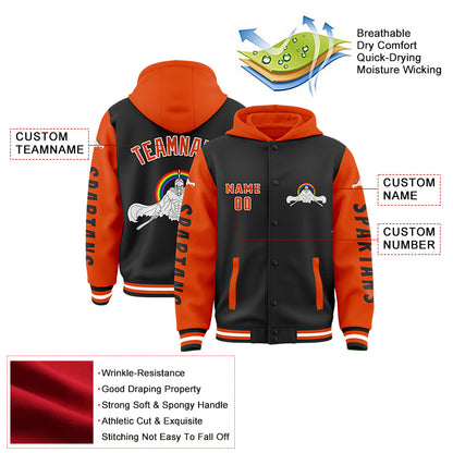 Custom Black Orange Spartan Warrior Muscle Bomber Full-Snap Varsity Letterman Two Tone Hoodie Jacket