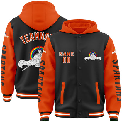 Custom Black Orange Spartan Warrior Muscle Bomber Full-Snap Varsity Letterman Two Tone Hoodie Jacket