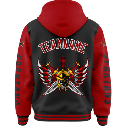 Custom Black Red Spartan Skull Helmet Armor Feather Sword Bomber Full-Snap Varsity Letterman Two Tone Hoodie Jacket