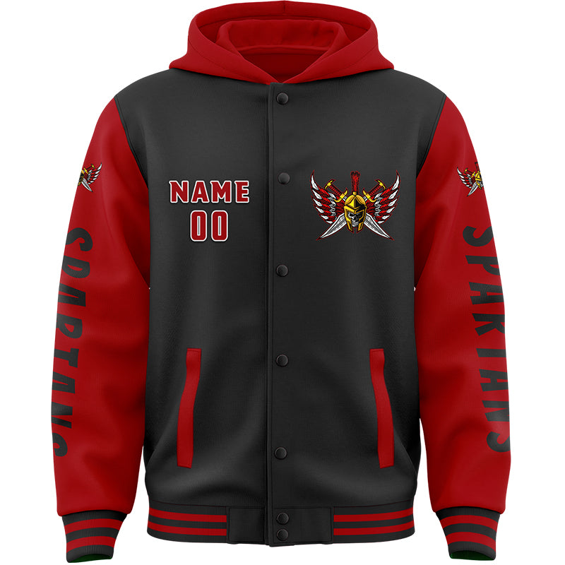 Custom Black Red Spartan Skull Helmet Armor Feather Sword Bomber Full-Snap Varsity Letterman Two Tone Hoodie Jacket