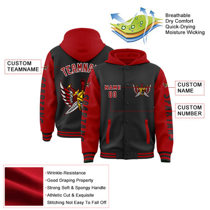 Custom Black Red Spartan Skull Helmet Armor Feather Sword Bomber Full-Snap Varsity Letterman Two Tone Hoodie Jacket