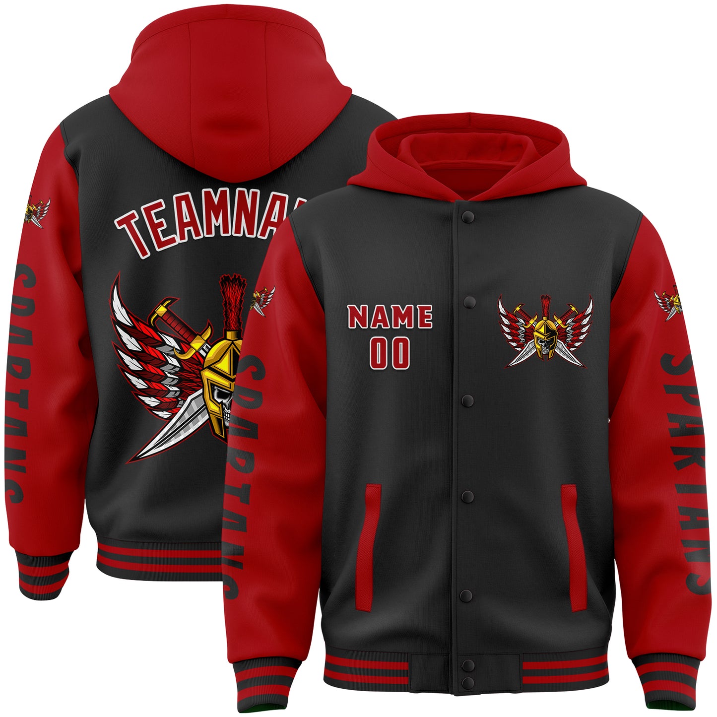 Custom Black Red Spartan Skull Helmet Armor Feather Sword Bomber Full-Snap Varsity Letterman Two Tone Hoodie Jacket