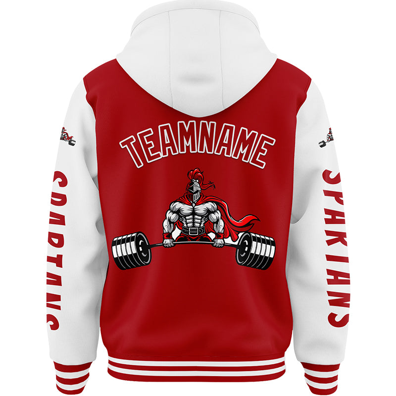 Custom Red White Spartan Fitness Barbell Muscle Bomber Full-Snap Varsity Letterman Two Tone Hoodie Jacket