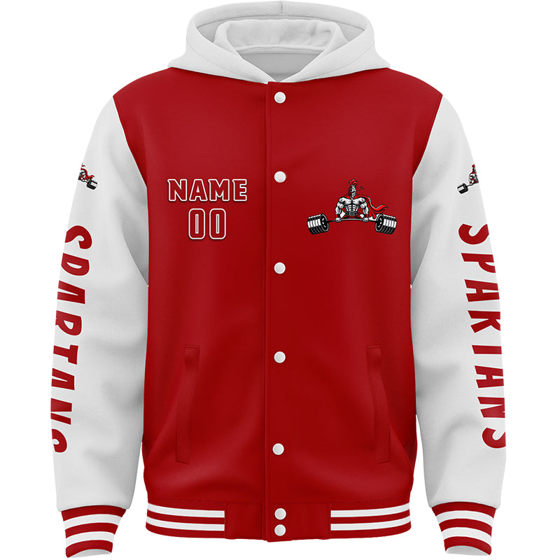 Custom Red White Spartan Fitness Barbell Muscle Bomber Full-Snap Varsity Letterman Two Tone Hoodie Jacket