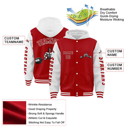 Custom Red White Spartan Fitness Barbell Muscle Bomber Full-Snap Varsity Letterman Two Tone Hoodie Jacket