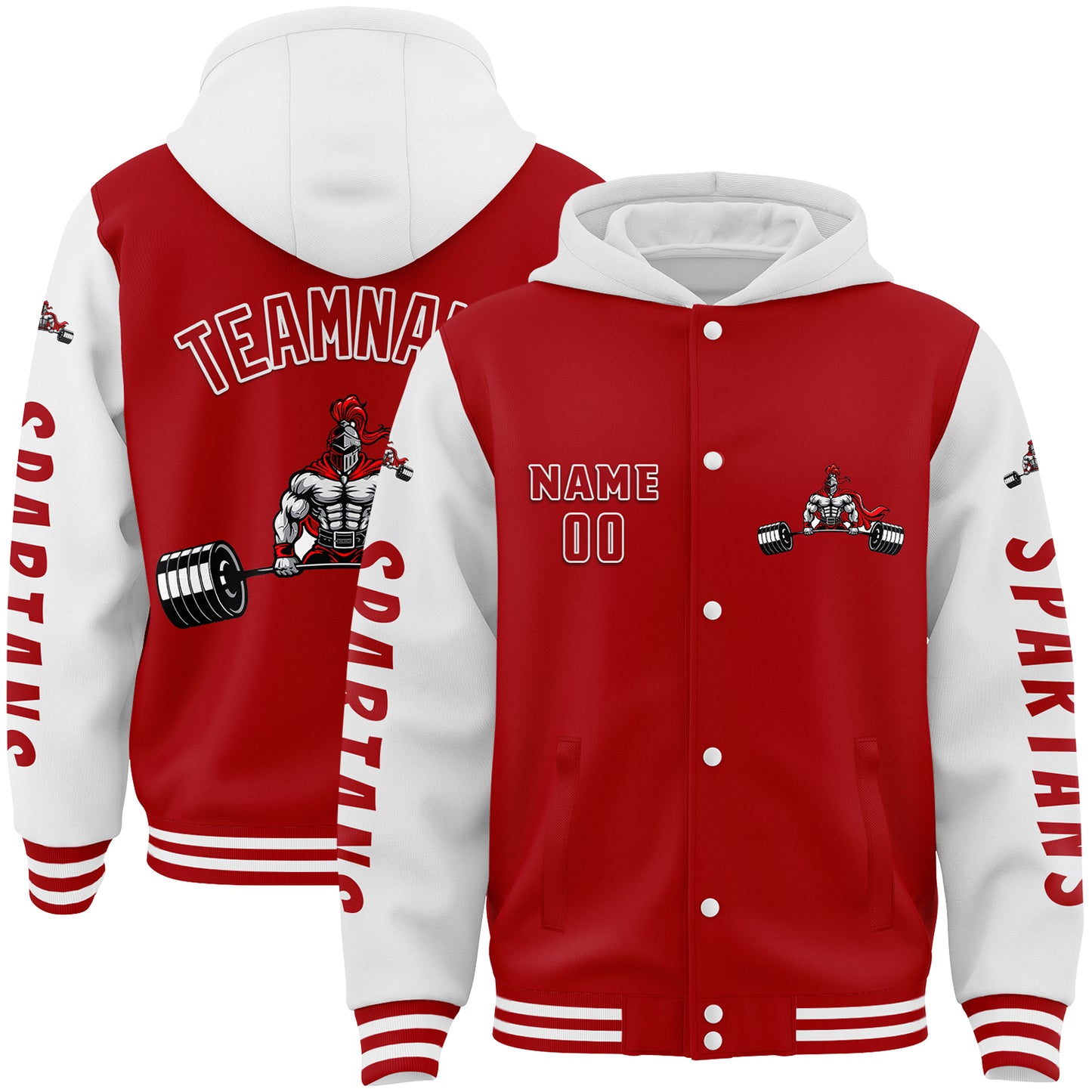 Custom Red White Spartan Fitness Barbell Muscle Bomber Full-Snap Varsity Letterman Two Tone Hoodie Jacket