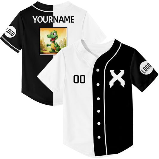 Custom Black White Cartoon Dinosaur Rave Baseball Jersey For EDM EDC Festivals