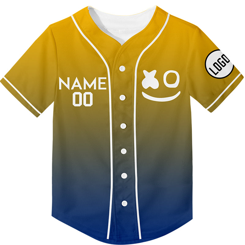 Custom Gold Blue Fade Fashion Smiley Face Rave Baseball Jersey For EDM EDC Festivals