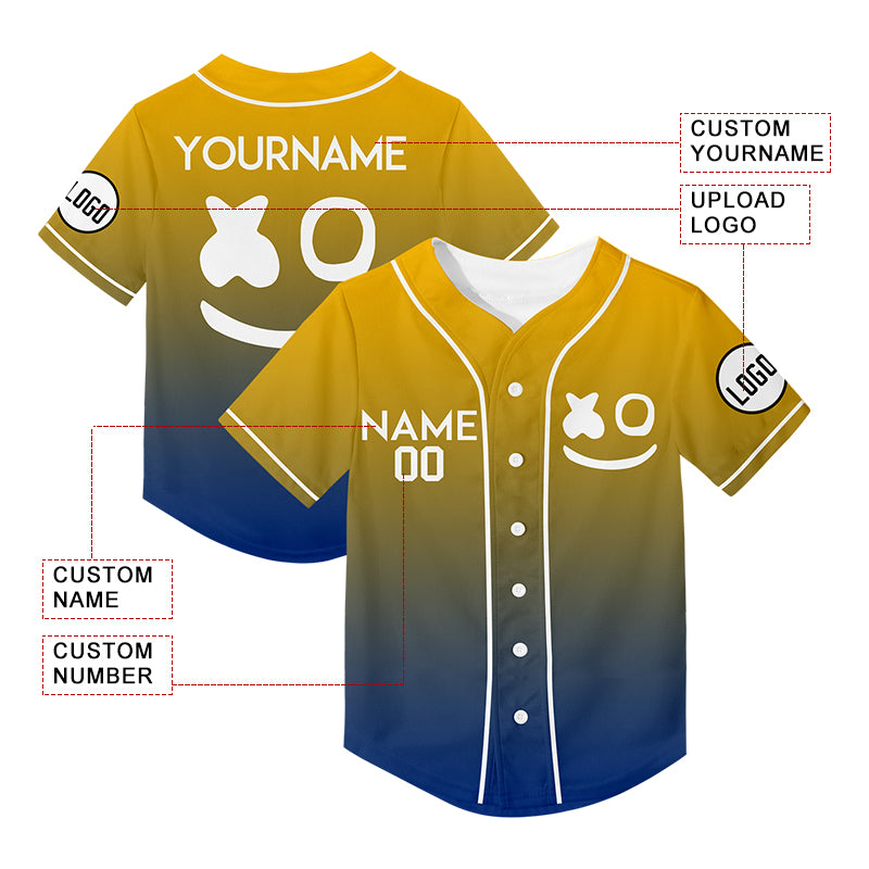 Custom Gold Blue Fade Fashion Smiley Face Rave Baseball Jersey For EDM EDC Festivals