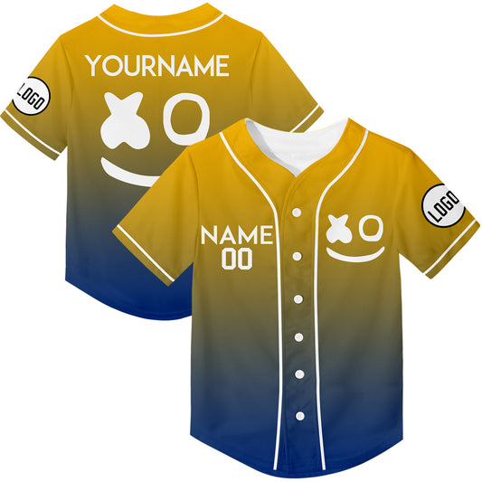 Custom Gold Blue Fade Fashion Smiley Face Rave Baseball Jersey For EDM EDC Festivals