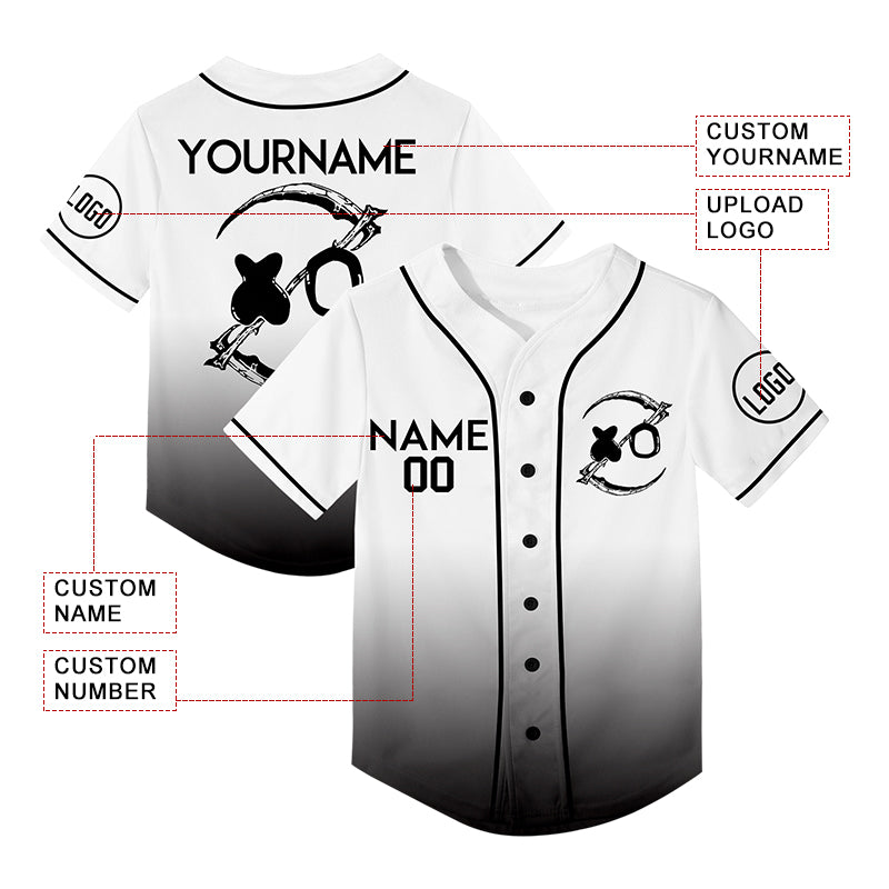 Custom White Black Fade Fashion Smiley Face Sickle Rave Baseball Jersey For EDM EDC Festivals