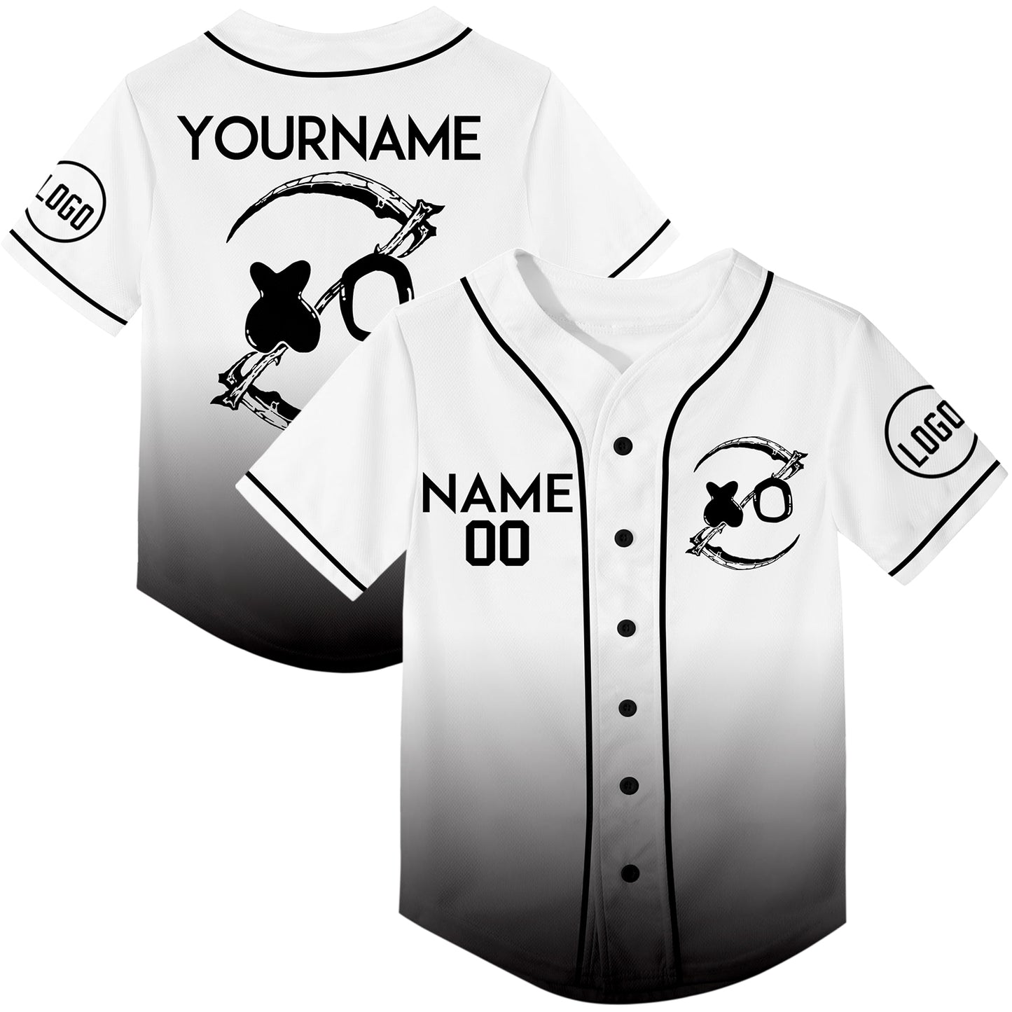 Custom White Black Fade Fashion Smiley Face Sickle Rave Baseball Jersey For EDM EDC Festivals