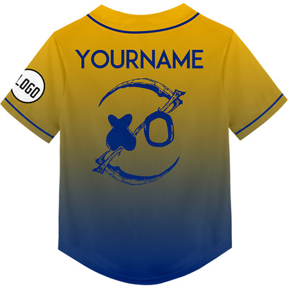 Custom Gold Royal Fade Fashion Smiley Face Sickle Rave Baseball Jersey For EDM EDC Festivals