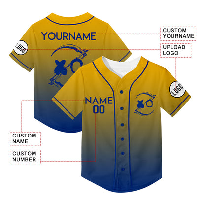 Custom Gold Royal Fade Fashion Smiley Face Sickle Rave Baseball Jersey For EDM EDC Festivals