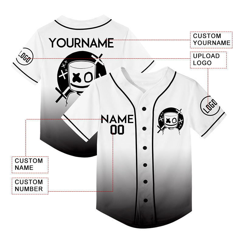 Custom White Black Fade Fashion Smiley Face Rave Baseball Jersey For EDM EDC Festivals