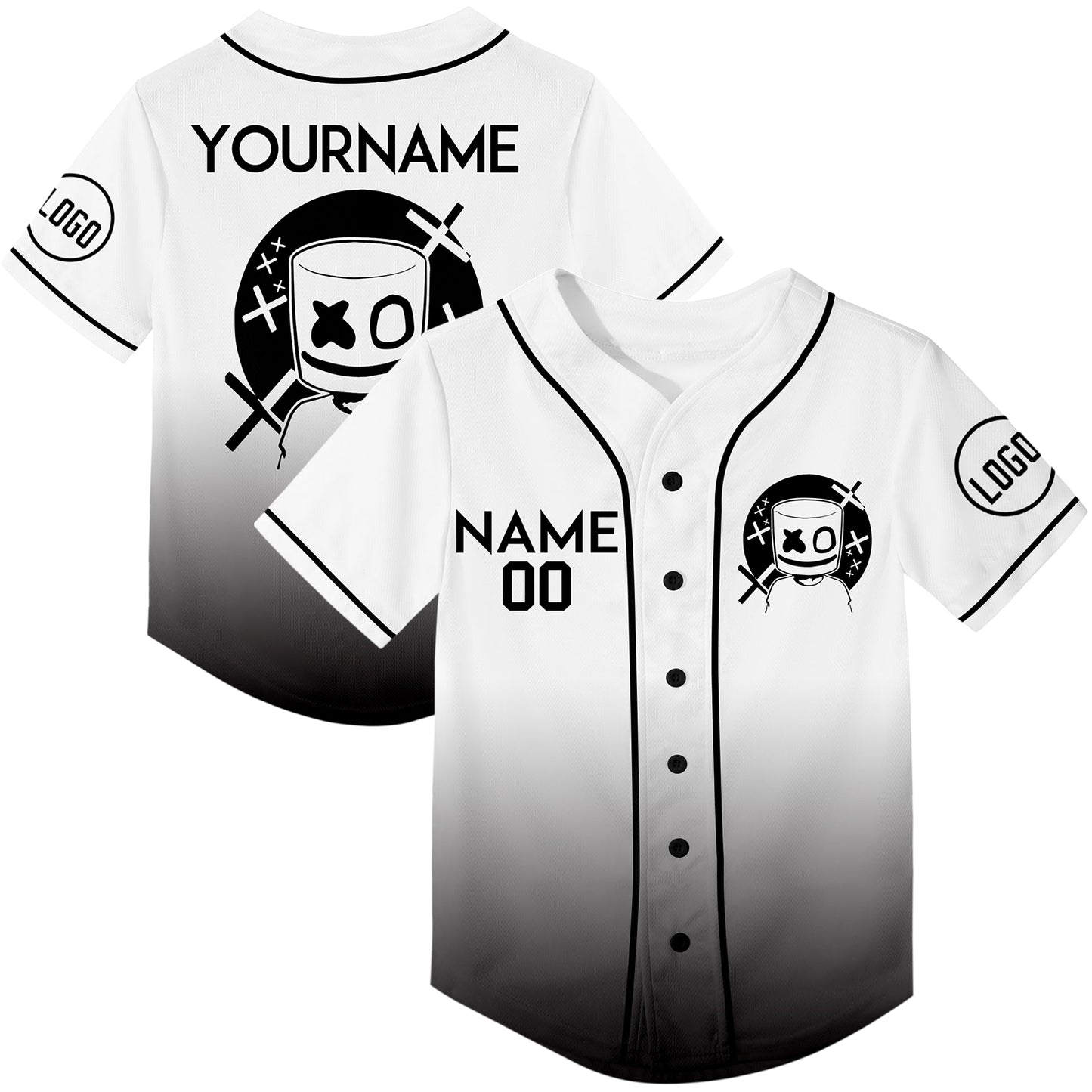 Custom White Black Fade Fashion Smiley Face Rave Baseball Jersey For EDM EDC Festivals