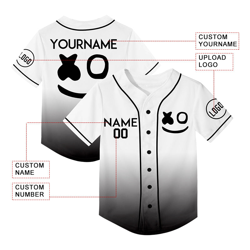 Custom White Black Fade Fashion Smiley Face Rave Baseball Jersey For EDM EDC Festivals