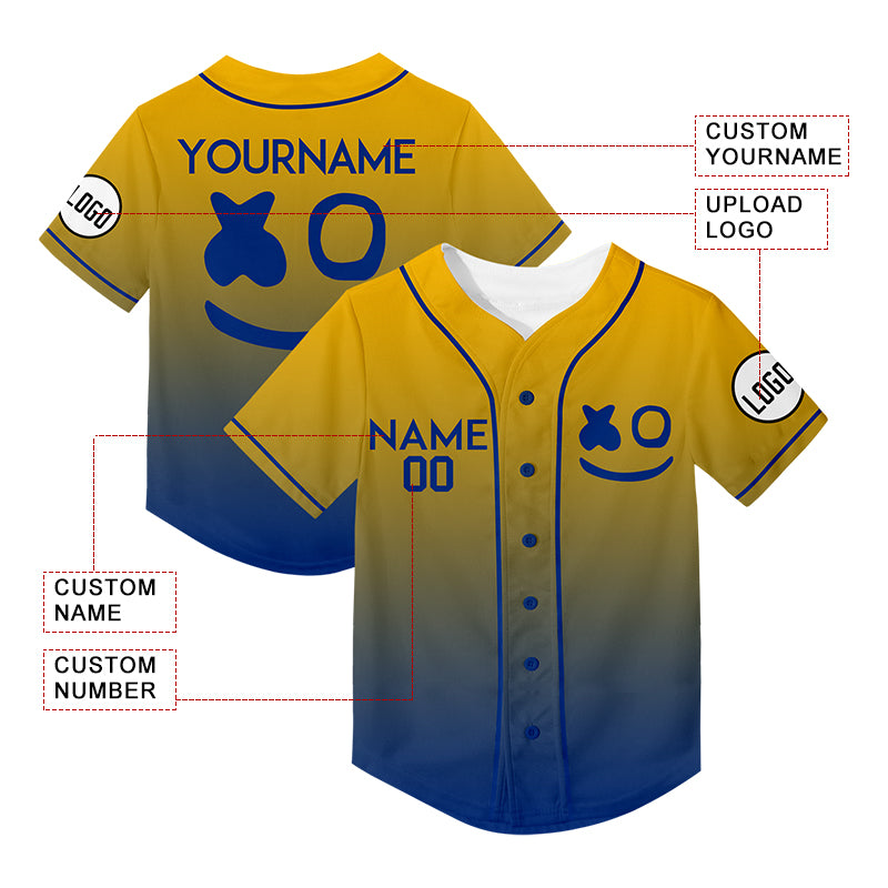 Custom Gold Royal Fade Fashion Smiley Face Rave Baseball Jersey For EDM EDC Festivals