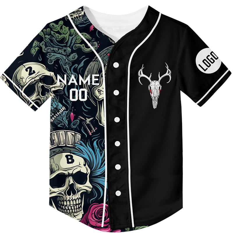 Custom Black Skull Waterweed Flower Sheep Head Rave Baseball Jersey For EDM EDC Festivals