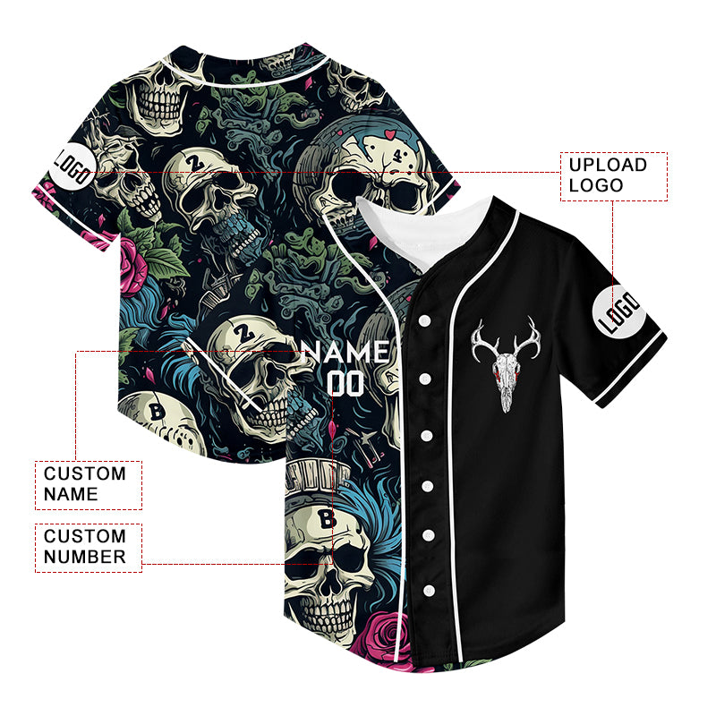 Custom Black Skull Waterweed Flower Sheep Head Rave Baseball Jersey For EDM EDC Festivals